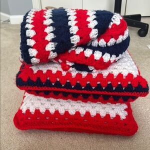 Handmade Red, White, and Blue Crochet Blanket and Pillow Set
